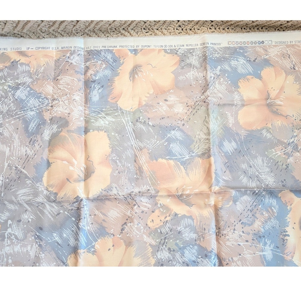 Stanley King Studio Floral Screen Printed Fabric Sateen Finish 56x74 Peach Blue
